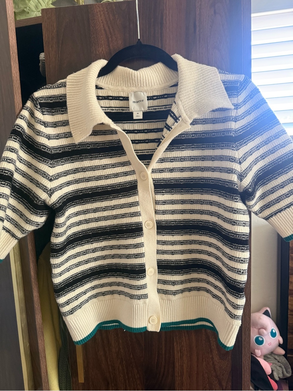 Maeve Black & Cream Striped Short-Sleeve Polo Cardigan